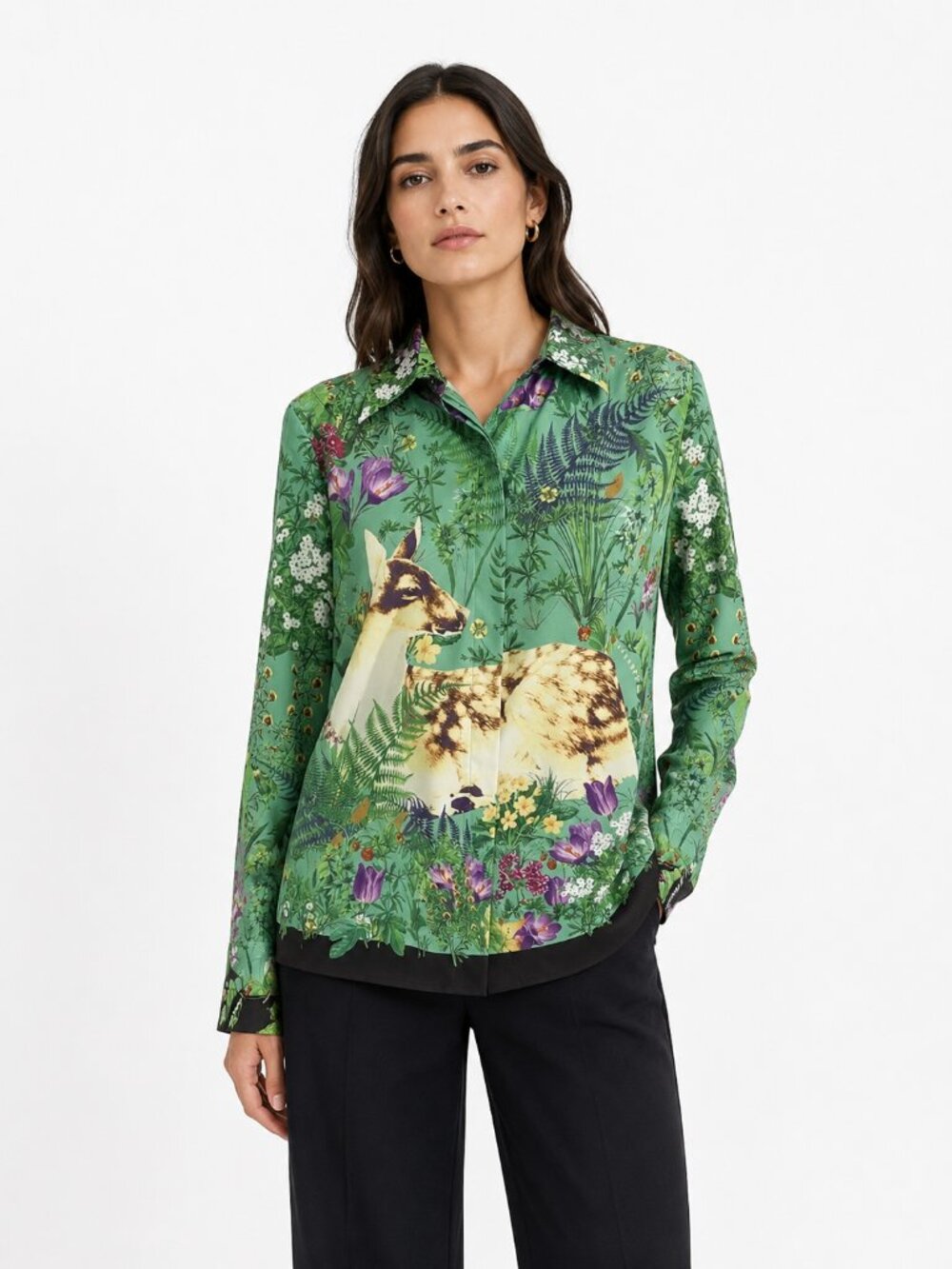 BEULAH GREEN FLORAL ANIMAL PRINT BUTTON DOWN SHIRT - S